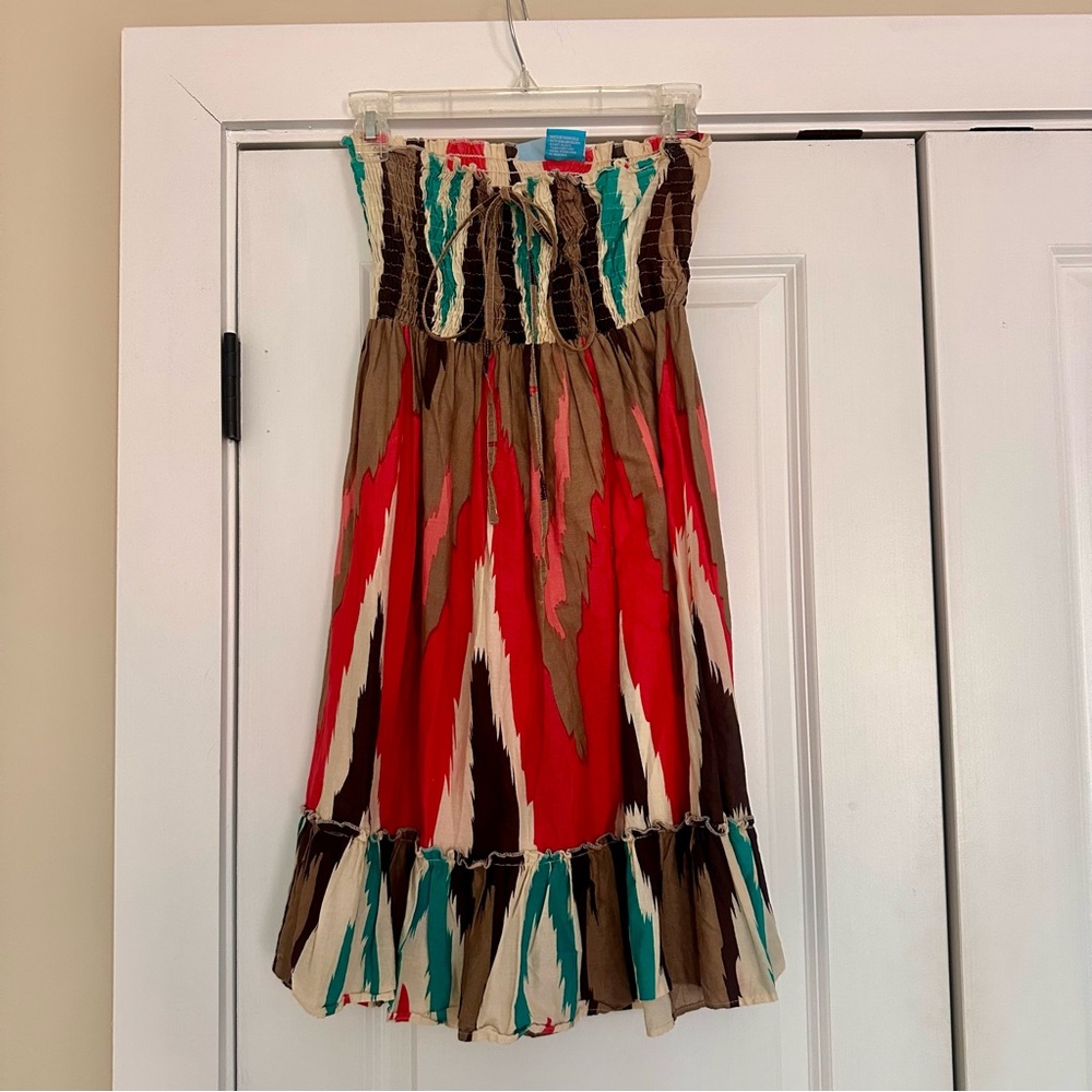 blue island Strapless Midi Dress in Coral, Brown & Teal